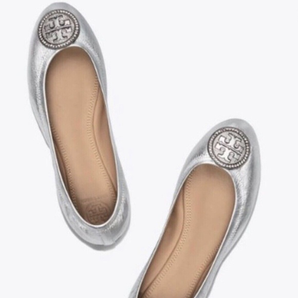 EUC Tory Burch Liana Round Toe Rhinestone Logo Metallic Leather Ballet Flats - Picture 3 of 12